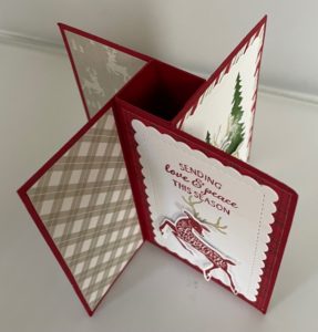 Fun fold christmas card using peaceful prints designer series paper abd peaceful deer stamp set by Stampin Up